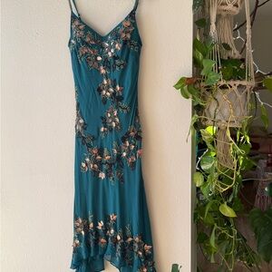 Sue Wong Teal Beaded Floral Silk Midi Dress